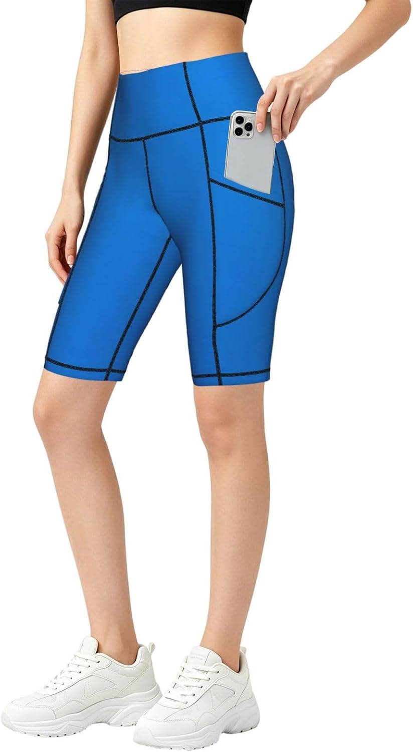 High Waist Knee Compression Leggings | Stretchy Mid Length Skinny Pants, Seamless Workout Shorts With Storage Pockets