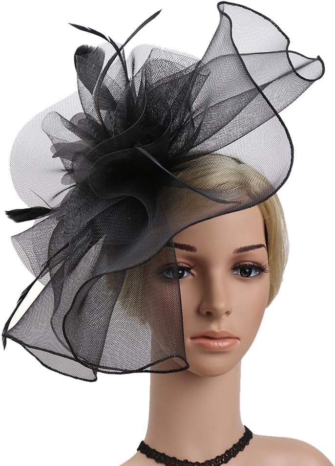 haozaikeji Women Veil Fascinators Wedding Tea Party Headpiece Organza Fascinators Hat Flower Feather Hair Clip with Headband - Image 5