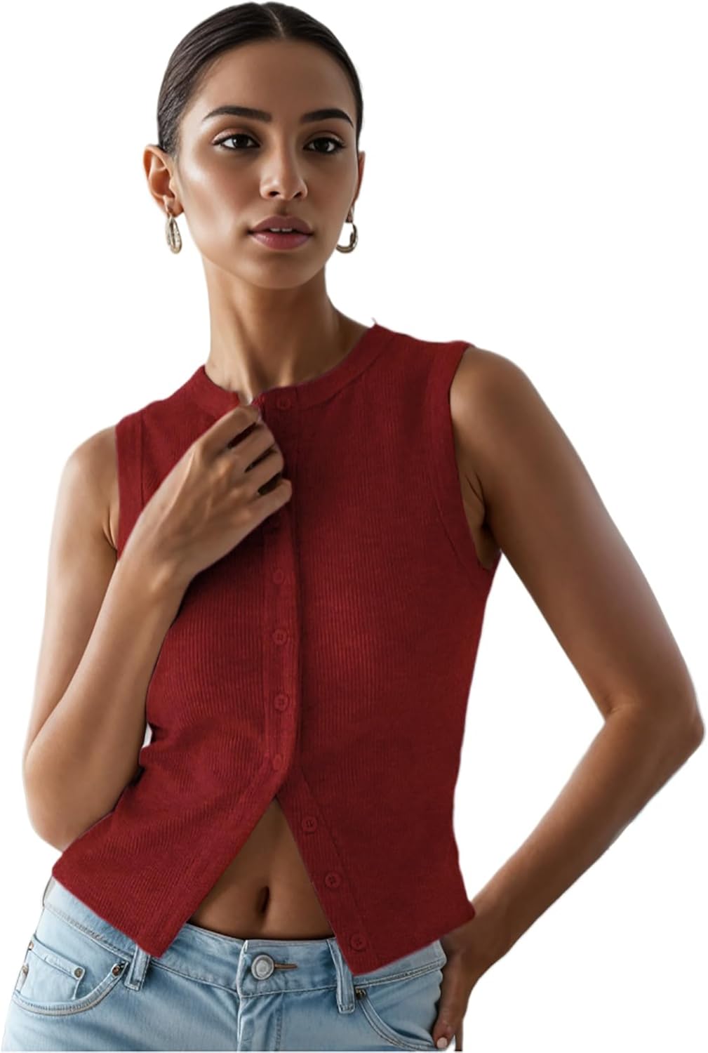 Women’s Button Down Tank Tops Ribbed Summer Vest Button Up Open Front Sleeveless Slim Fit Crop Going Out Tops