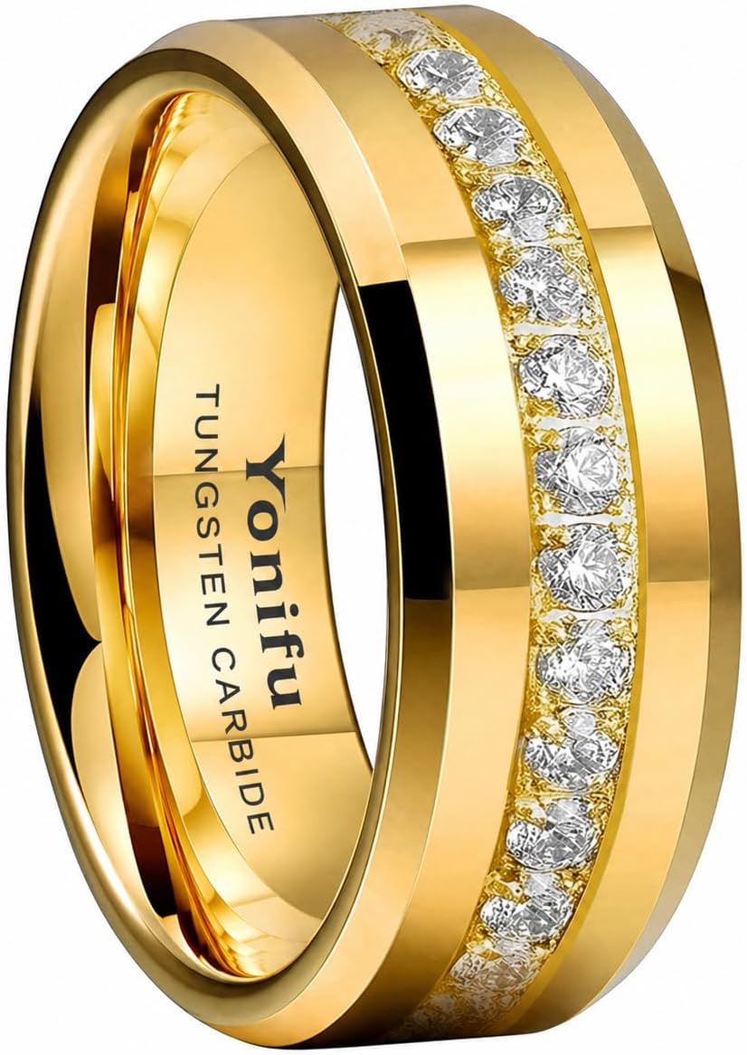 8mm Tungsten Carbide Wedding Band for Men Women, Gold Silver Cubic Zirconia Inlay Ring, Polished Comfort Fit Promise Engagement Ring