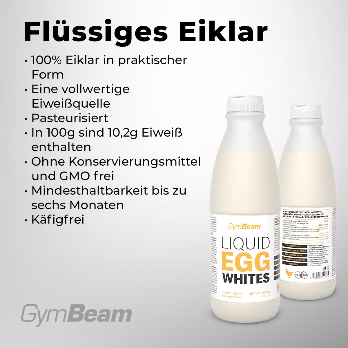 GymBeam Flüssiges Eiklar 1000g - praktische Form von 100% Eiklar, schnelle und vollwertige Eiweißquelle, ideal fpr Proteinshakes, Backen und Kochen (1000 g (3er pack), Unflavored)