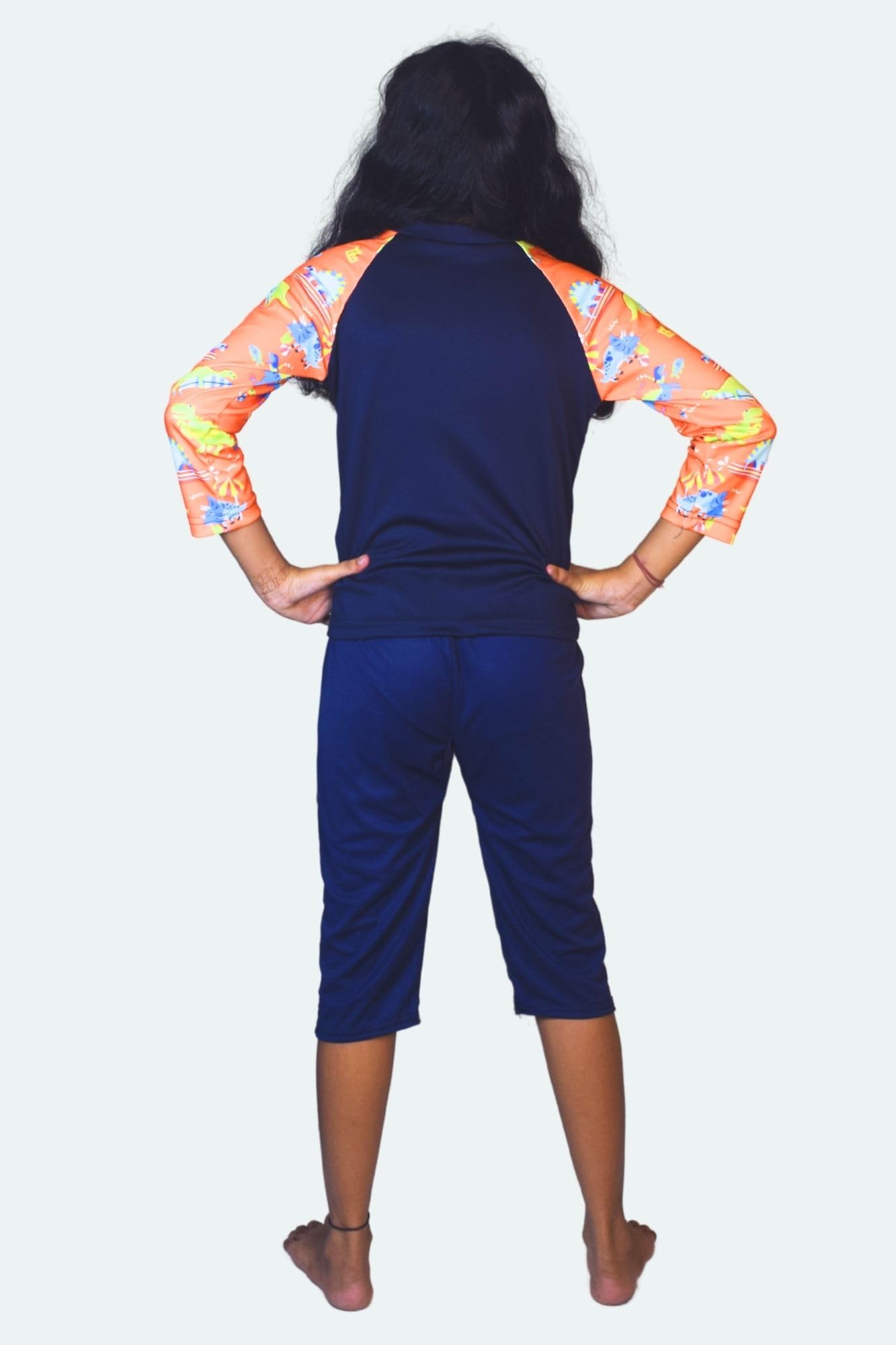 Aqua Holic Spandex Girls Regular Fit Printed Bottom & Top Set | Swimwear | Adjustable, Quick Drying Capris for Swimming, Beach, Waterpark - Orange (10-11 Years) 2
