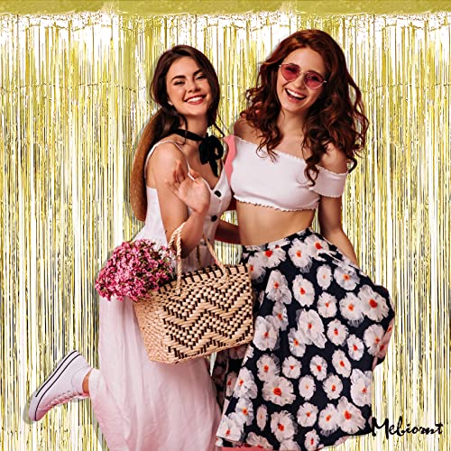 Image of 4 Pack Light Gold Fringe Curtain Backdrop, 3.2Ft x 9.8Ft Metallic Tinsel Foil Fringe Streamers Background for Photo Booth Birthday Wedding Baby Shower Carnival Easter Mother's Day Party Decorations