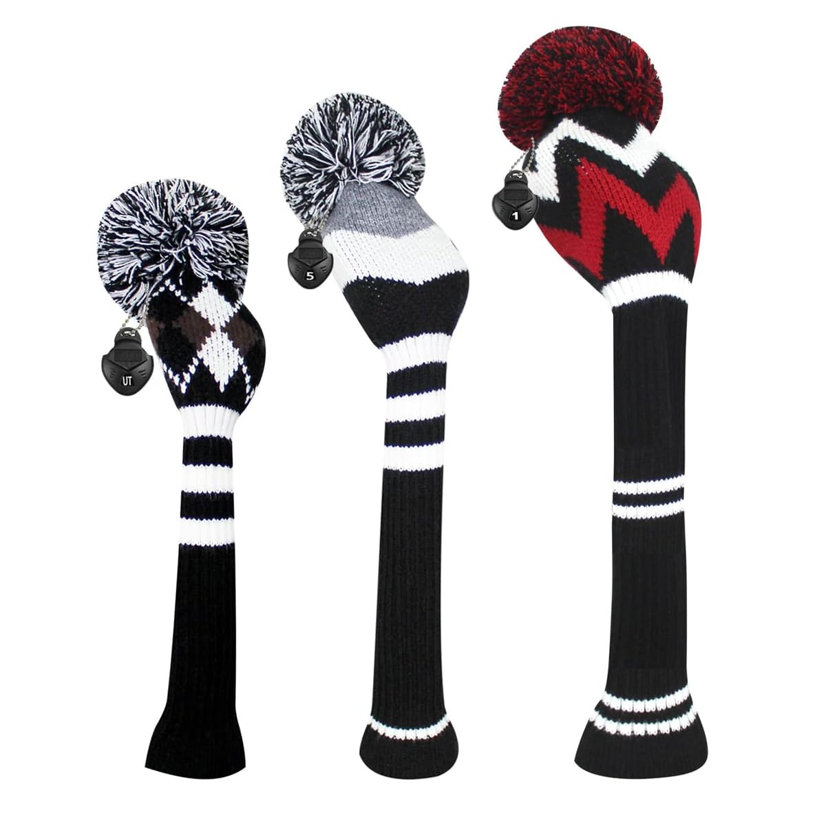 Scott Edward Mix and Match Pom Pom Knit Golf Club Covers Set of 3 Driver Head Cover 1 Fairway Headcover 1 and Hybrid/UT Headcover 1 (Red Black Grey and Brown)