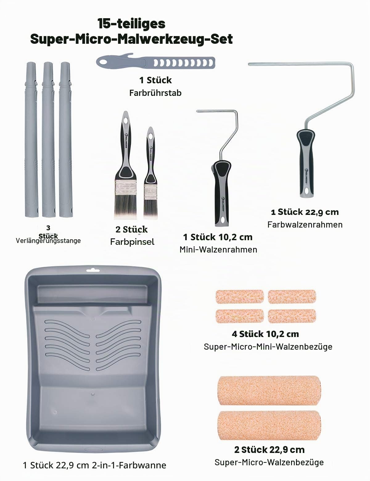 ROLLINGDOG 15-teiliges Farbrolle Set - mit maler teleskopstange Flachpinsel 10,2 cm Farbrolle,Farbrollerabdeckungen,Anschließbare Teleskopstange,Farbwalzenrahmen und Farbrührer
