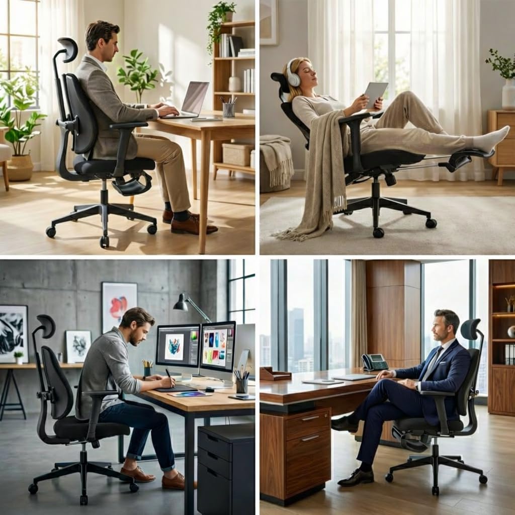Chaise de Bureau Ergonomique, Dossier Séparé Dynamique, Siège en Mousse Moulée 8 cm, Accoudoirs 4D, Fauteuil de Bureau Grand Dossier avec Repose-Pieds, Flex S3, Noir