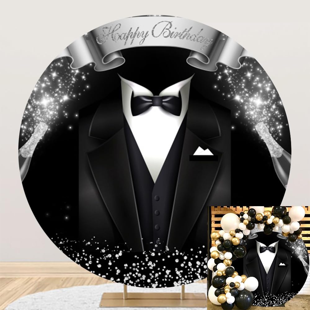 Leyiyi 6.5x6.5ft Gentleman Black Tuxedo Round Backdrop Cover Champagne Glitter Black and Silver Birthday Party Backdrop Black and White Bow Tie Suit