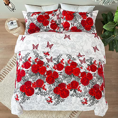 Yiran 3 Pieces Red Rose Floral Comforter Set With 2 Pillowcases Flower Green Leaves Comforter For All Seasons Soft Microfiber Butterfly Bedding Set Queen Size 90"X90" #TOP2