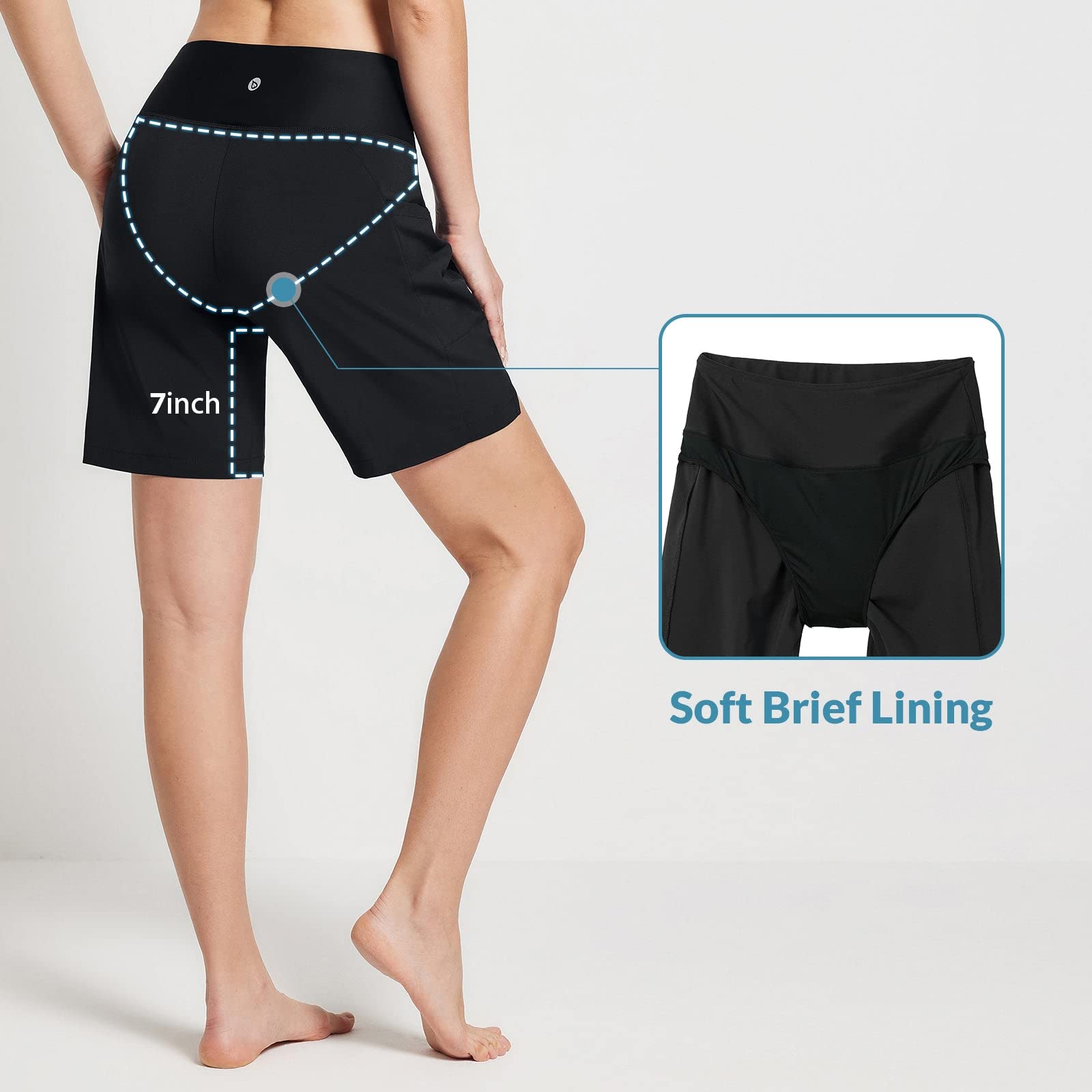 baleaf Shorts de Natación Mujeres Cintura Alta Shorts de Verano con Bolsillos Secado Rápido Acuáticos Pantalones Cortos para Surf Playa UPF 50+