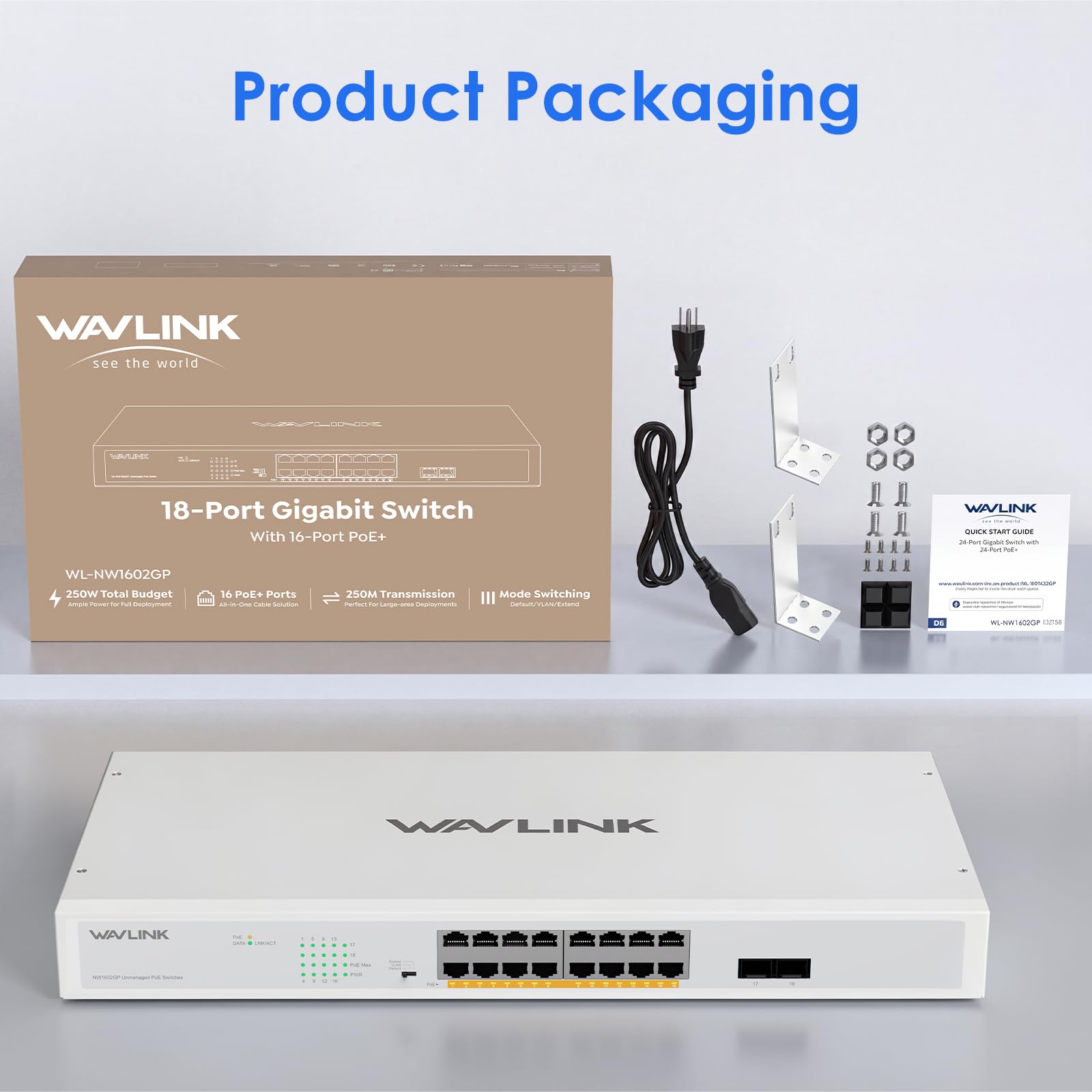 Wavlink a 18 porte Gigabit con 16 porte PoE+, 2 uplink SFP da 1000 Mbps, potenza PoE+ totale di 250 W, switch di rete non gestito con VLAN