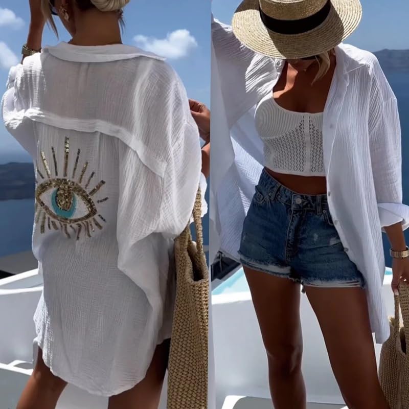 XPONNI Long Sleeve Linen Button Down Shirt Women Oversized Sequin Evil Eye Shirts Dress Beach Cover Ups Summer 20242