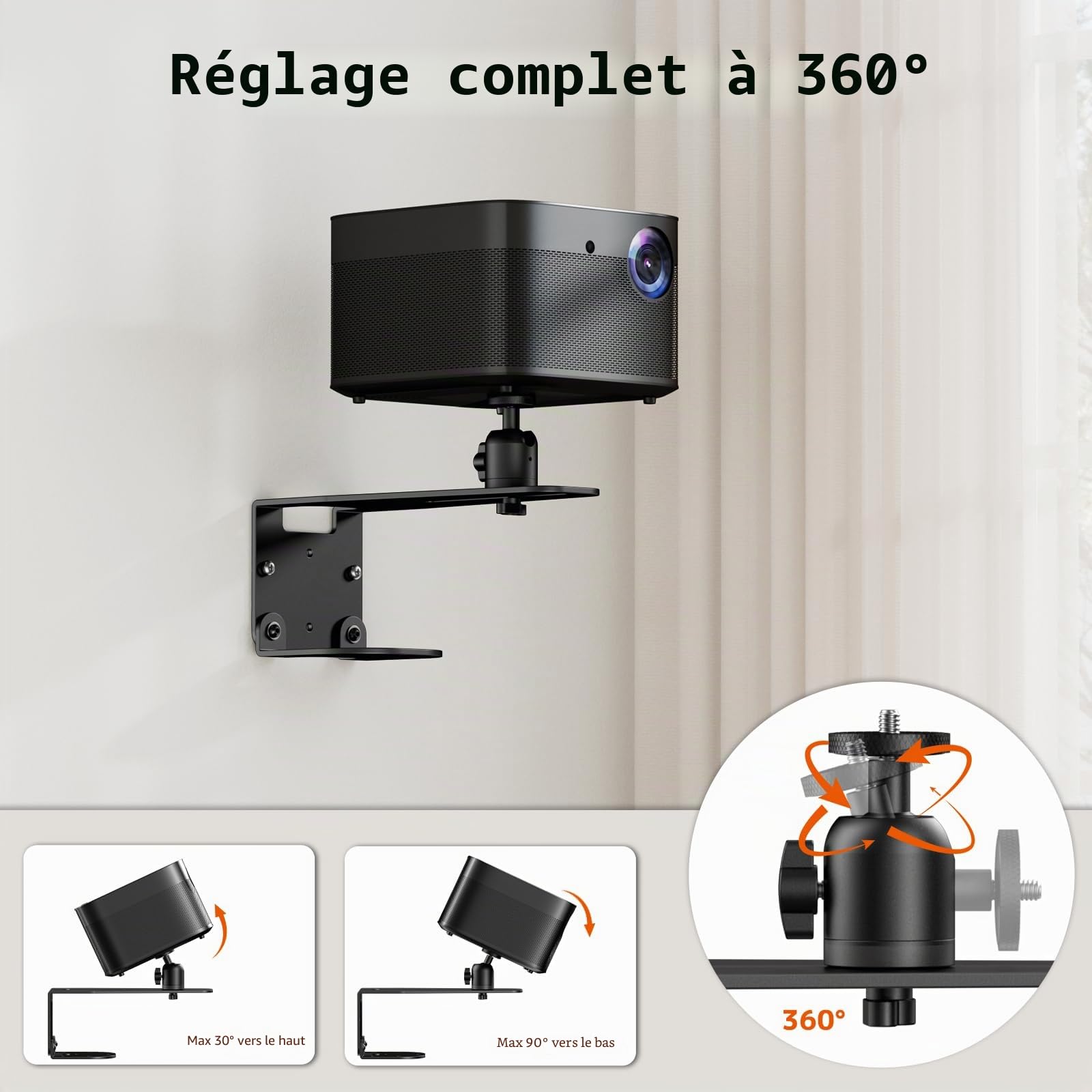 Support Universel Projecteur Plafond Mural Fixation 1/4", Capacité 10 kg, Rotation 360°, Ajustement 12 cm