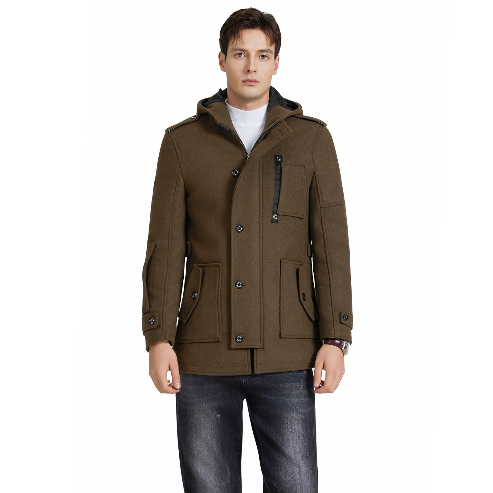 KUDORO Herren Wintermantel Wolle Kurzmantel mit Kapuze Wollmantel Mittellang Slim Fit für Business Freizeit Peacoat Casual