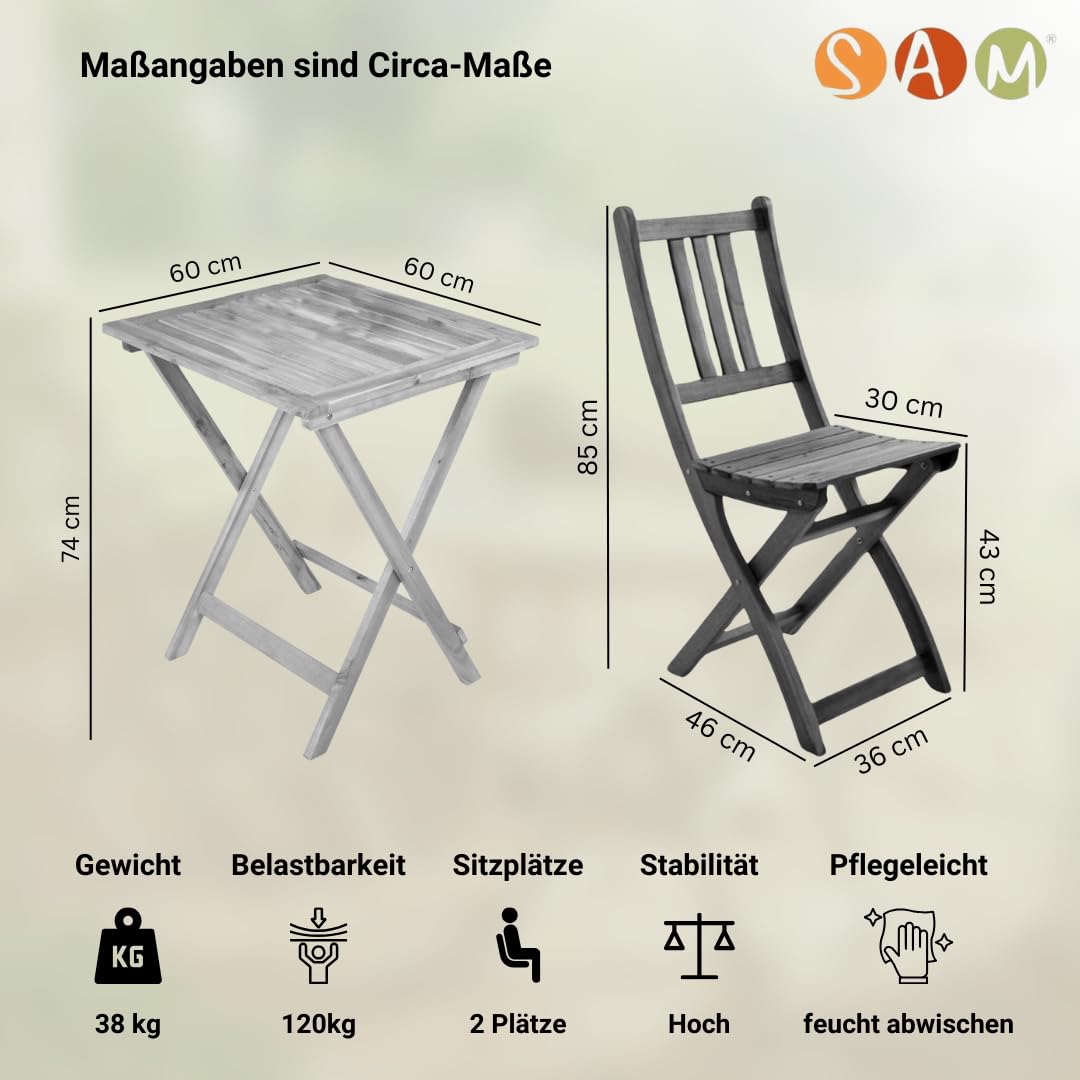 SAM 3tlg. Balkongruppe Blossom, Akazienholz massiv + geölt, Gartengruppe mit 1 Tisch + 2 Stühle, klappbar, für Garten, Balkon und Terrasse