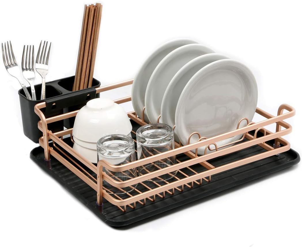 Dish Drainer, Rack, Aluminium with a Drip Tray（Rose)