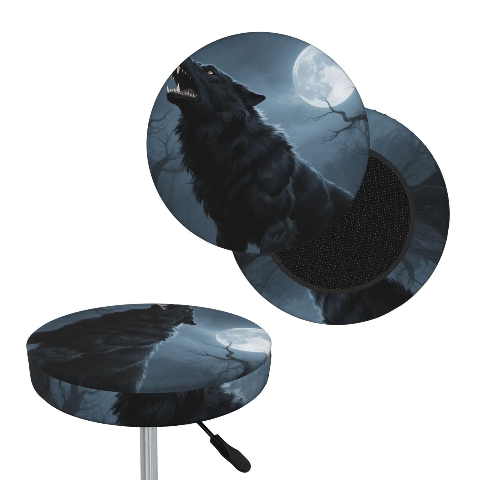 FekiLoot Ferocious Howling Wolf Round Bar Stool Covers Stretch Washable Bar Stool Covers Dustproof Slipcover Bar Chair Covers with Elastic Band for Bar Kitchen Living Room Decor 13 Inch