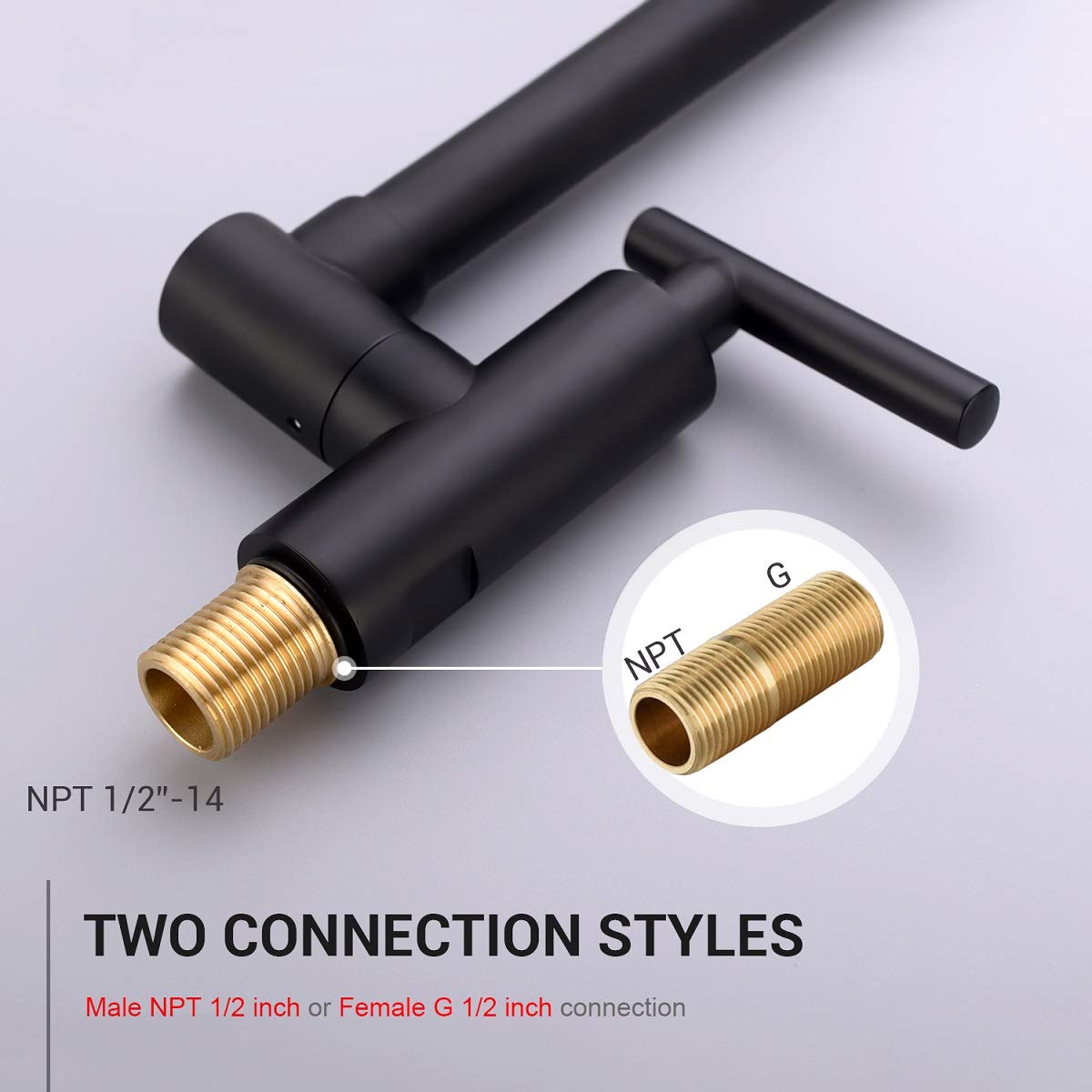 Grifo de llenado de pote KPF-13012B, montado en la pared de acero inoxidable resistente, relleno de olla de cocina con doble articulación elástica plegable brazo oscilante 2 manijas, negro mate