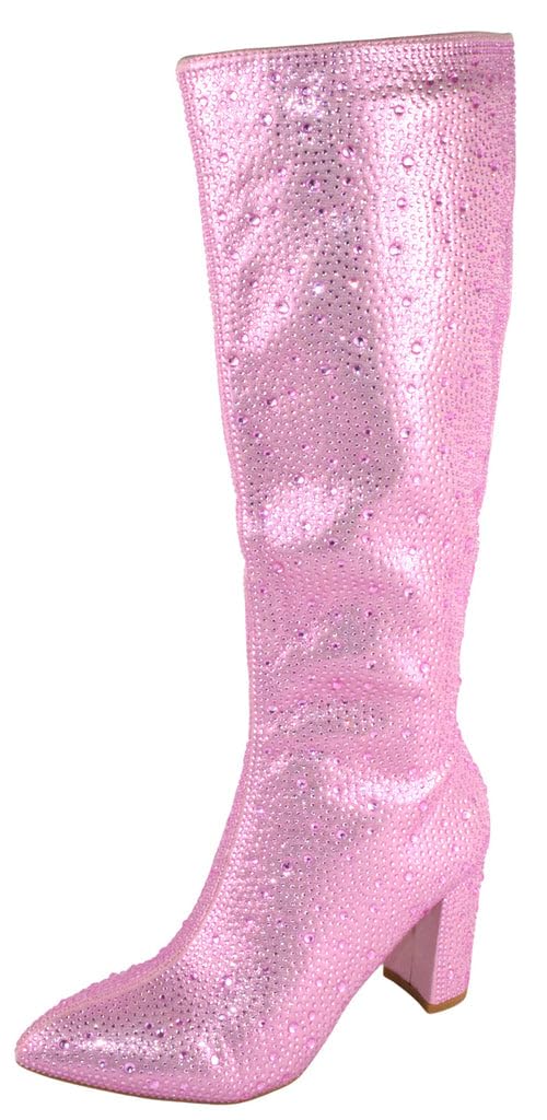 TOP Moda Women Knee High Rhinestone Studded Bling Boots Side Zippers Block High Heel Pointed Toe Sparkly MARTHA-22