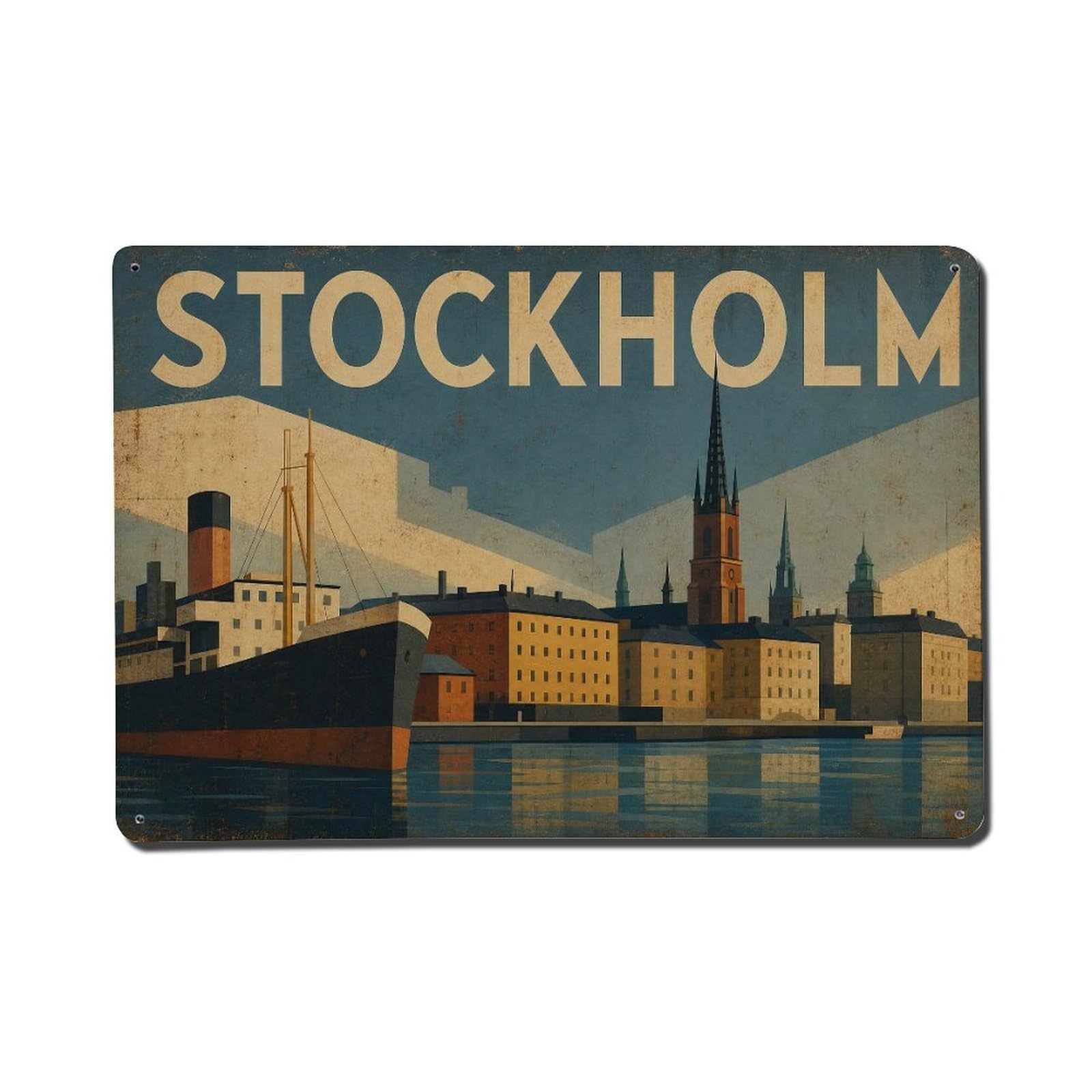 Huiyhb 8X12inch(20X30cm) Vintage Travel Stockholm Harbor View Sweden Metal Tin Sign