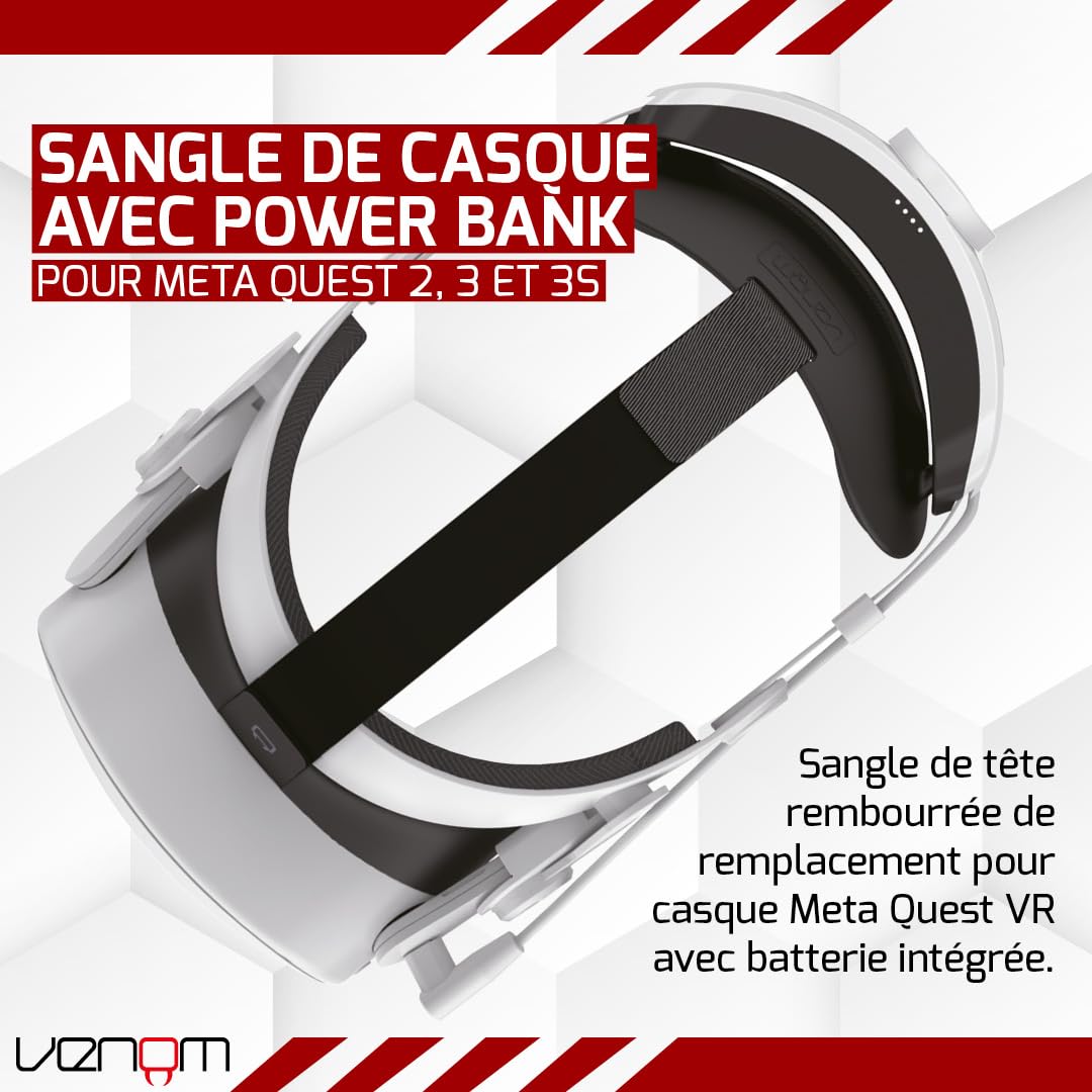 Venom Sangle d'alimentation pour Meta Quest - Bandeau rembourré avec batterie externe intégrée - Compatible avec Quest 2, Quest 3 et Quest 3S