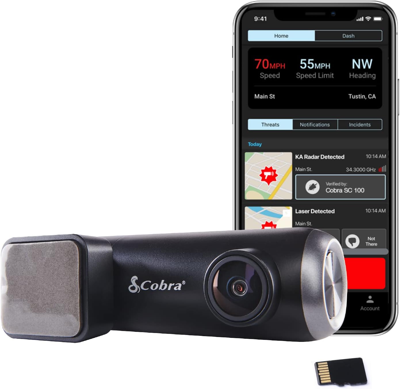 Smart Dash Cam (SC 100) - Full HD 1080P Resolution, Built-in WiFi & GPS, 140 Degree View, Live Police Alerts, Incident Reports, Emergency Mayday, Drive Smarter App, 8GB SD Card Incl., black