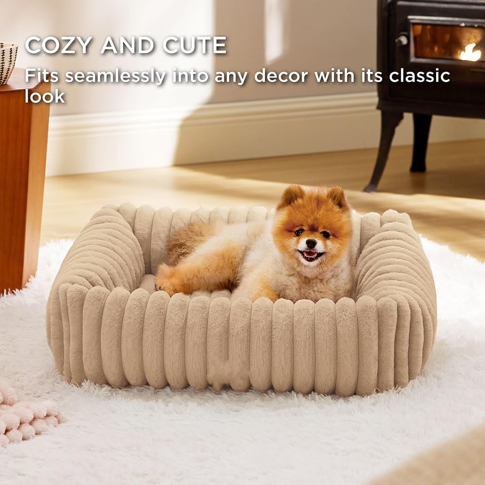 Lit pour Chien Orthopedique Dehoussable,Panier pour Chien Antidérapant,Canapé Lavable,Coussin Chiens pour Petits Chiens et Chats,Poignée de Transport Facile (Brun Clair,63 * 53 * 18CM)