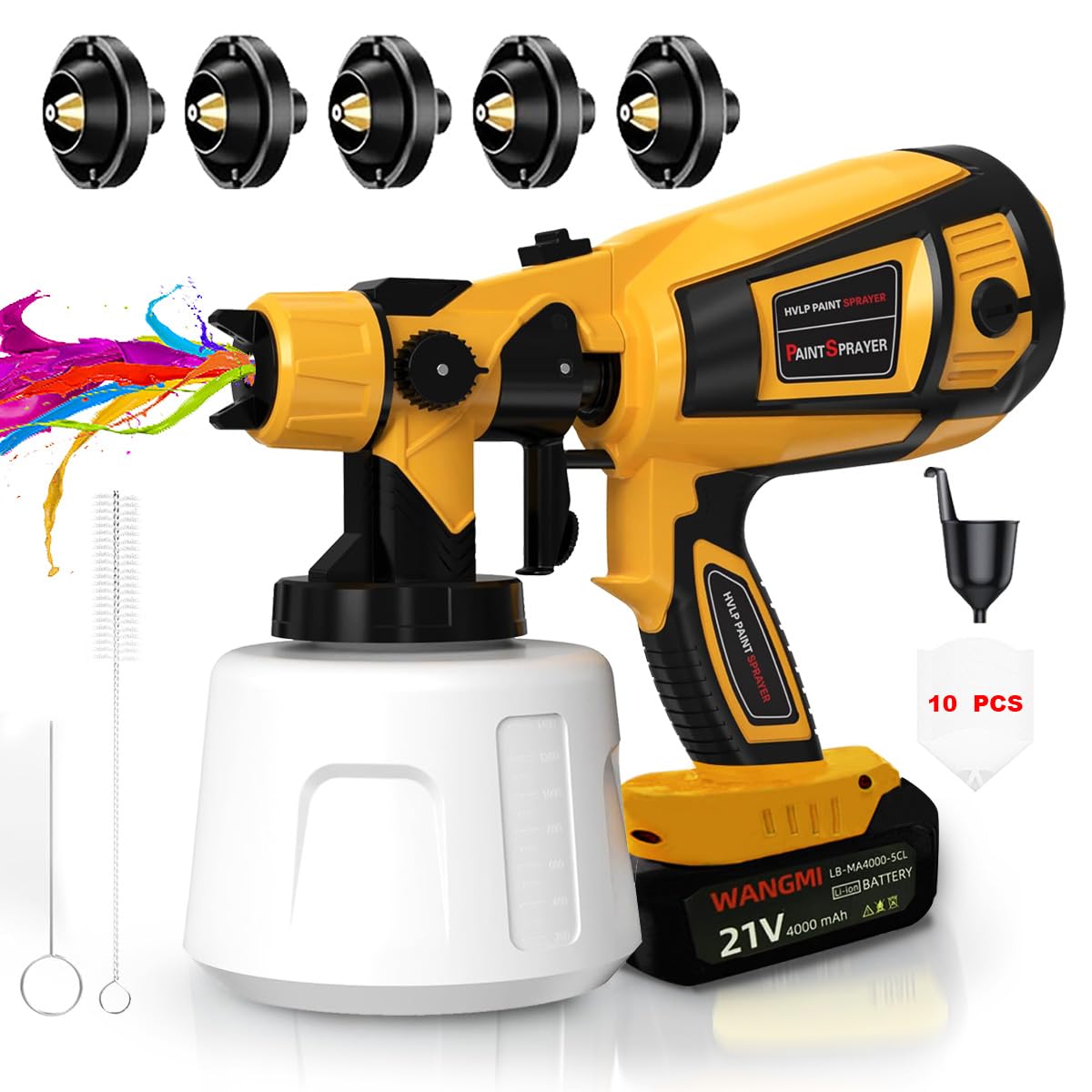TOPALL Pistola Pintura Electrica Bateria,200W 32000PRM 1000ML HVLP Pistola para Pintar Paredes y Techos,Pistola Pintar,Pulverizador de Pintura,con 5 Boquillas y 3 Patrones para Paredes, Puertas, etc