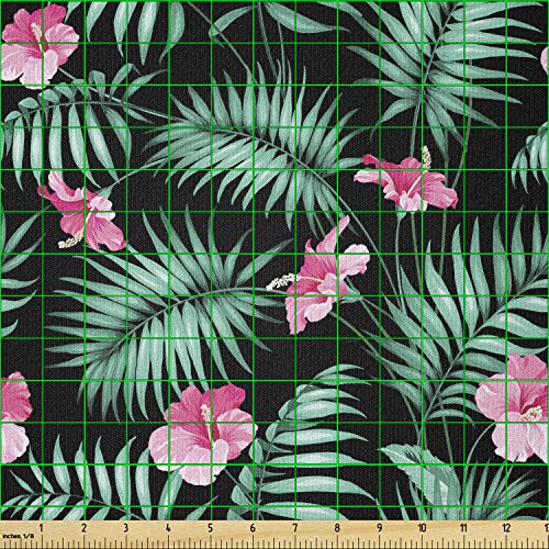 Image of Ambesonne Hawaiian Fabric by The Yard, Romantic Exotic Summer Nature Theme with Leaves and Flowers, Stretch Knit Fabric for Clothing Sewing and Arts Crafts, 1 Yard, Mint Green Pale Pink