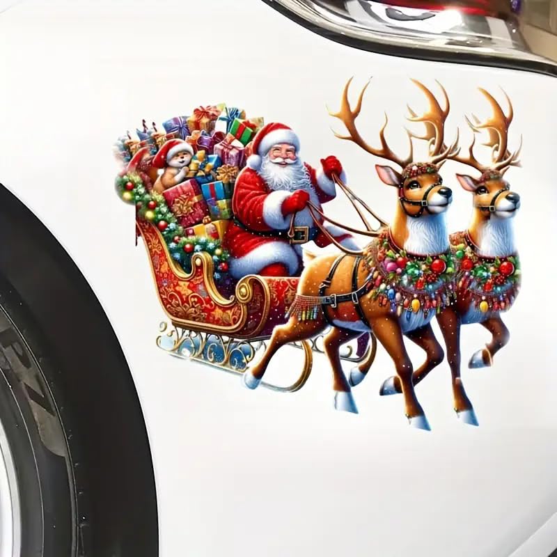 Christmas Santa Claus Reindeer Gift PVC Vinyl Car Decals Stickers Waterproof Self-Adhesive Decals for Cars, Laptops, Trucks, Motorcycles Wall Window Luggage Scratch Cover Door Decor Sticker