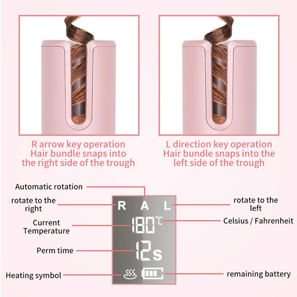 Bezprzewodowa automatyczna lokówka do włosów, ładowanie przez USB, ceramiczne, ekran LCD, regulacja temperatury, ustawienia timera (biała)