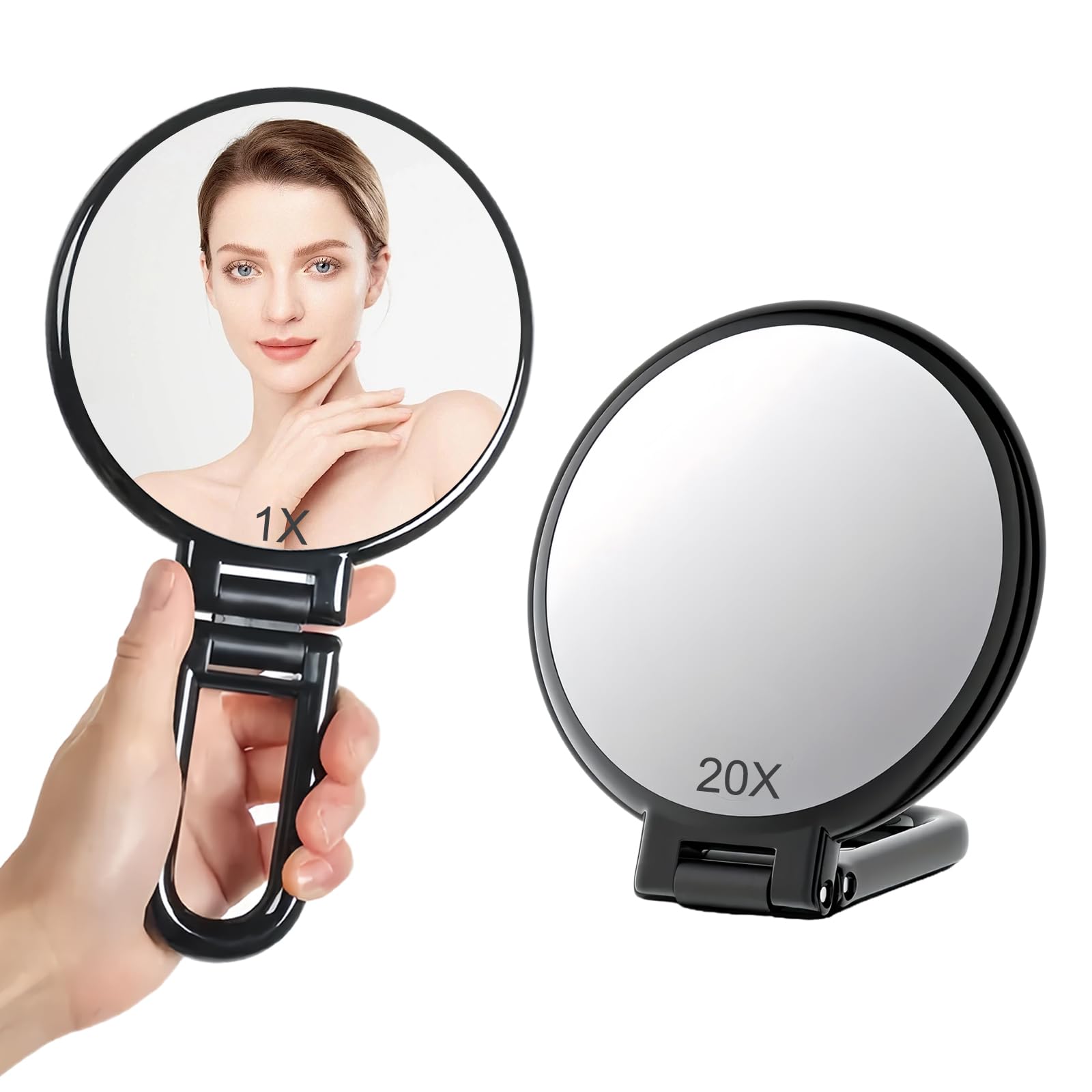 Espejo de Aumento de 20X, Plegable Espejo de Mano con Asa Doble Cara Espejo de Maquillaje con 20X/1 Aumento, Espejo de Maquillaje Portátil para Afeitarse/Maquillaje/Viaje