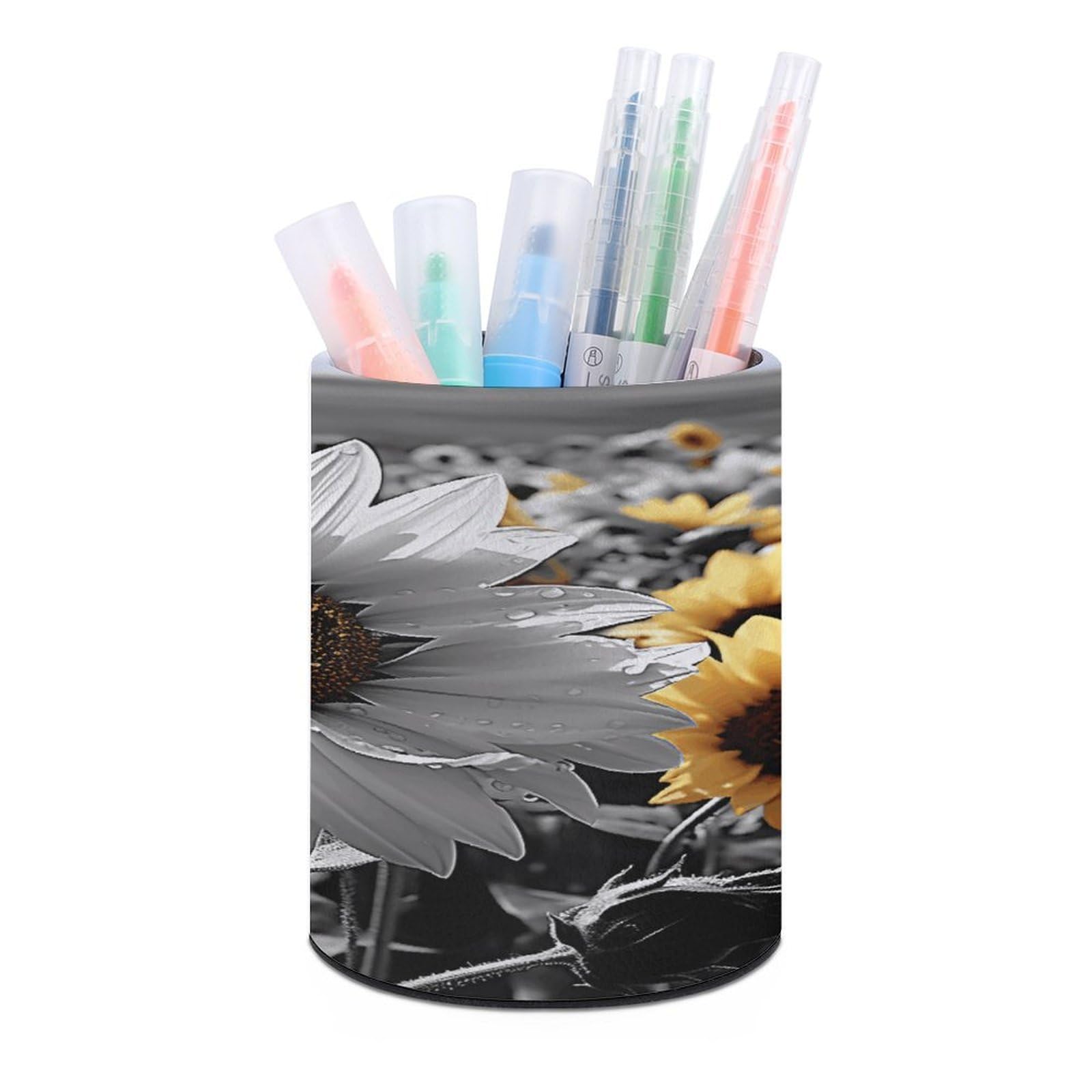 FekiLoot PU Leather Round Pen Holder Black And White Sunflowers Pencil Holder Desk Organizer Pen Organizer Pen Cup Pencil Cup Caddy Desktop Stationery Organizers for Office Home Supplies