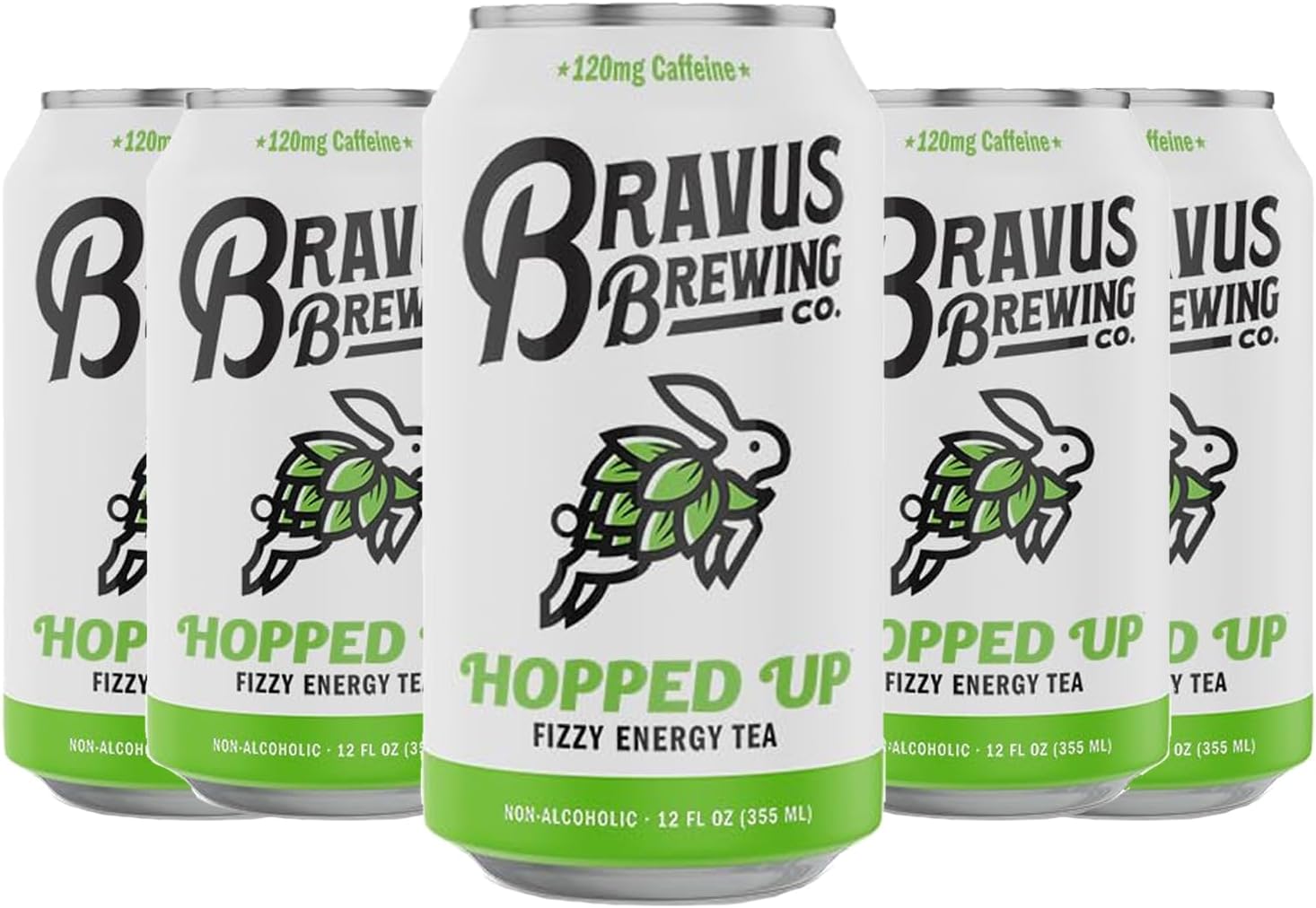 Bravus Hopped Up Sparkling Energy Tea 5 Pack - 12 fl oz - Low Calorie, Organic Black Tea with Organic Hops and 120mg Organic Caffeine - Refreshing Boost with Only 10 Calories