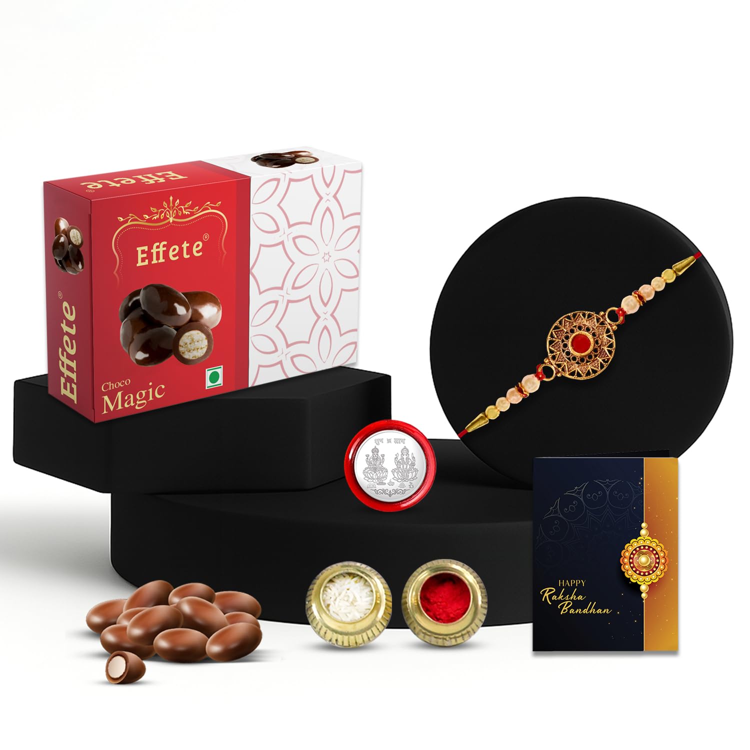 DeoDap Chocolate with Rakhi Set for Brother – Golden Color Round Shape Colorful Beads Rakhi with Choco Magic (32 GM) – Silver Color Pooja Coin & Greeting Card, Traditional Raksha Bandhan Combo for Bro-image-10