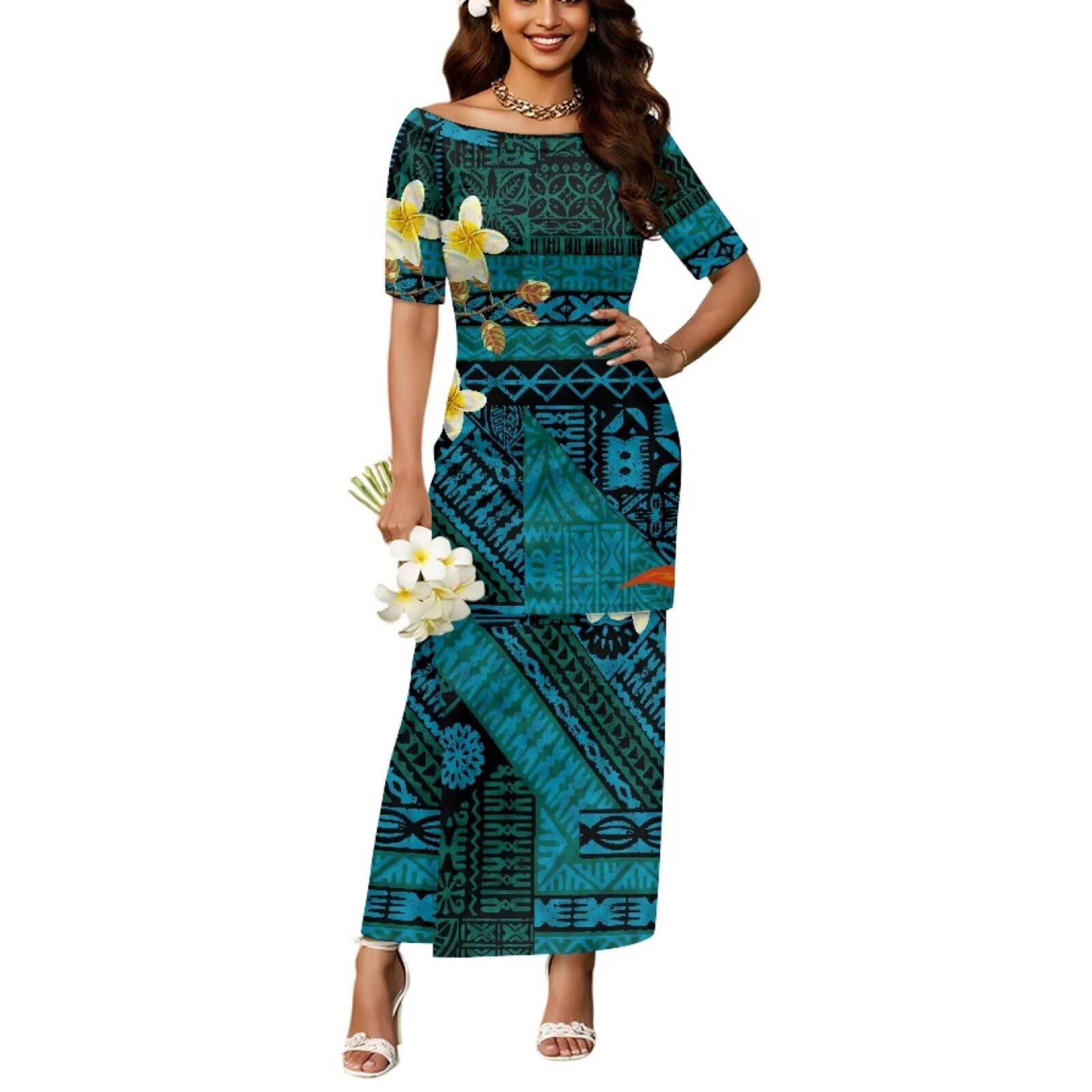 Womens Polynesian Puletasi Samoan Dress Short Sleeve One Shoulder Maxi Dress 2 Piece Outfit