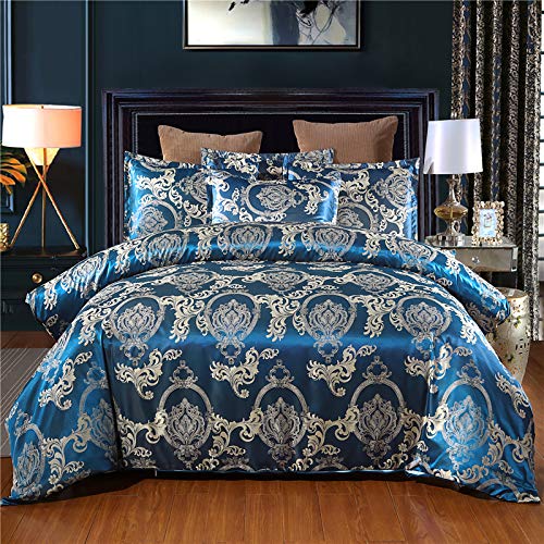 Dencalleus Parure de Lit Jacquard, Floral Linge de Lit 1 x Housse de Couette 220x240 cm et 2 x Taies d'oreiller 50x70 cm pour 2 Personnes, Microfibre Satin Soie Literie avec Fermeture Eclaire, Bleu Cover