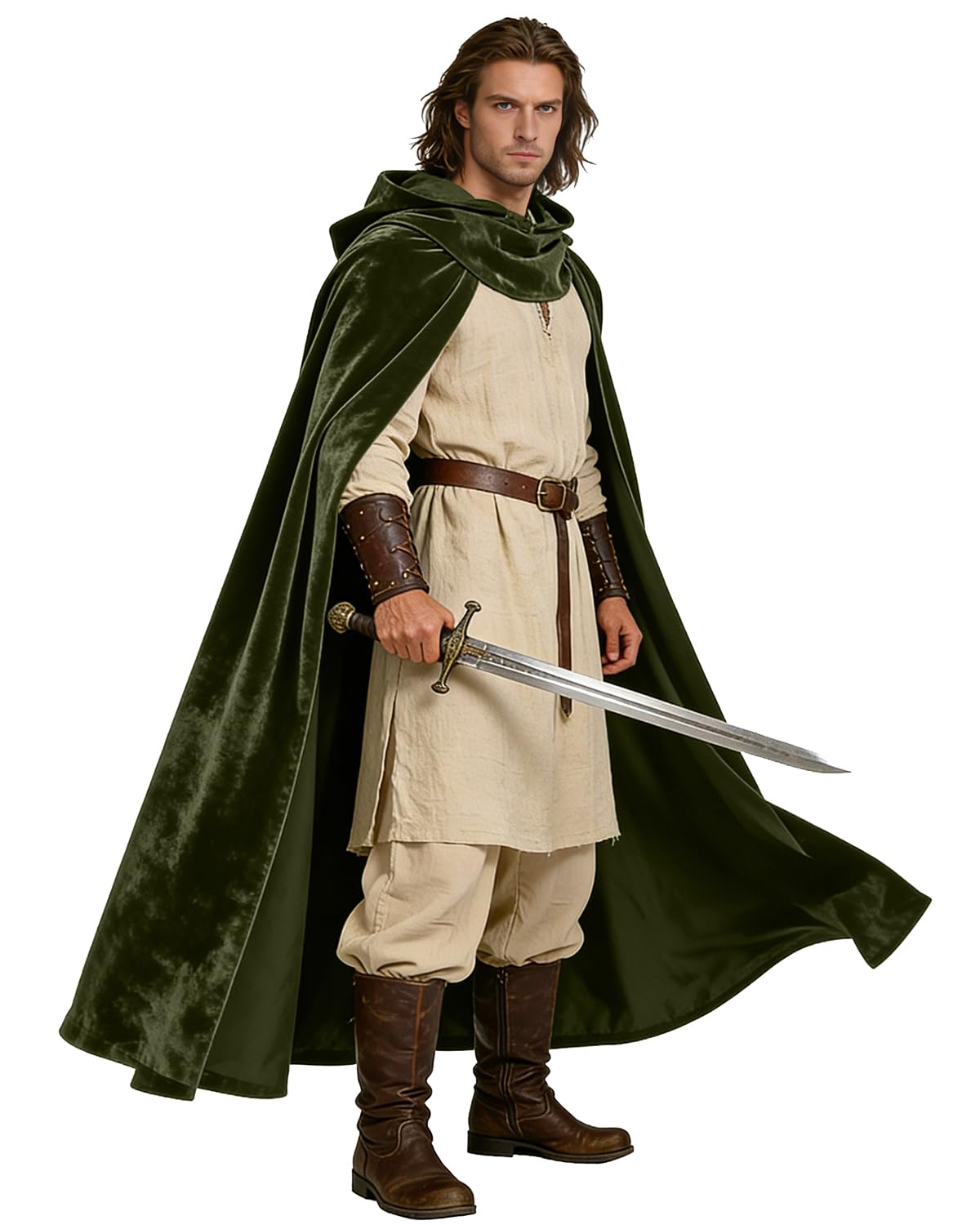 L'VOW Medieval Army Green Cloak with Hood Renaissance Hooded Cape - Women Men Halloween Assassin Creed Ninjia Cosplay Costume