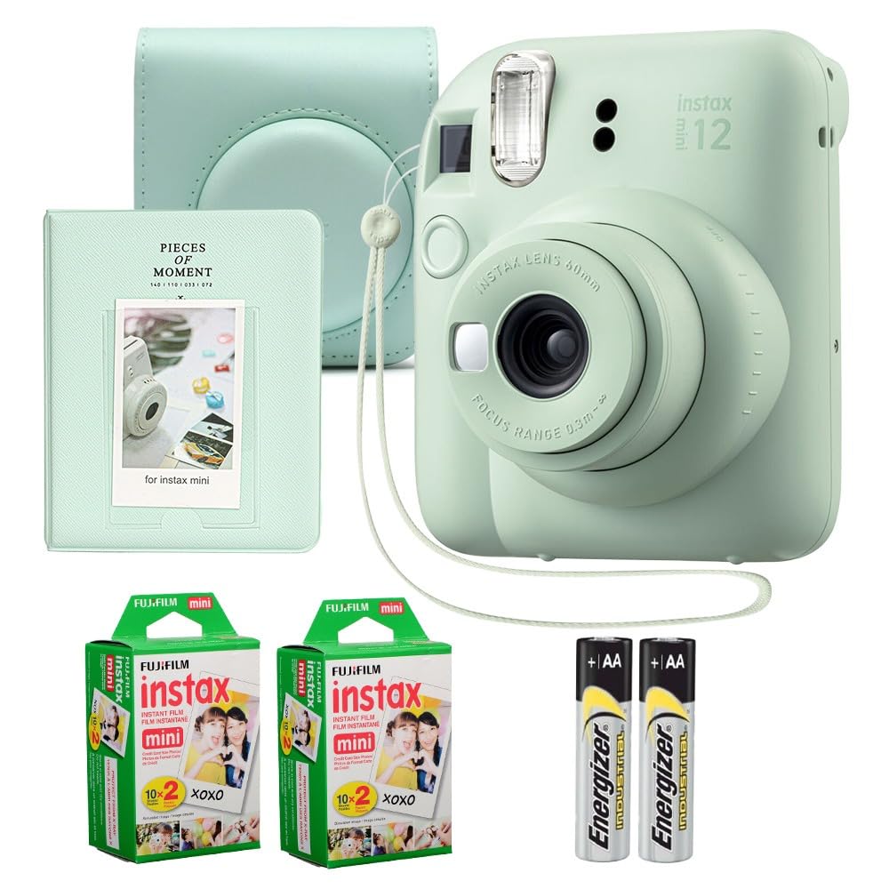 Fujifilm Instax Mini 12 Instant Camera Mint Green Bundle – Includes 40-Sheets Instax Mini Film, Protective Case, and Mini Photo Album