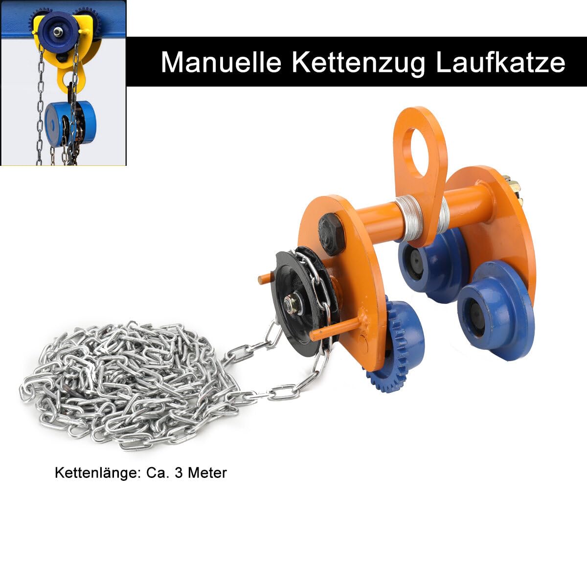 Laufkatze 2000kg Tragkraft Rollfahrwerk mit Doppelrädern, für I-Strahlbreite 94-124mm, Manuelle Kettenzug Laufkatze mit 3m Ketten