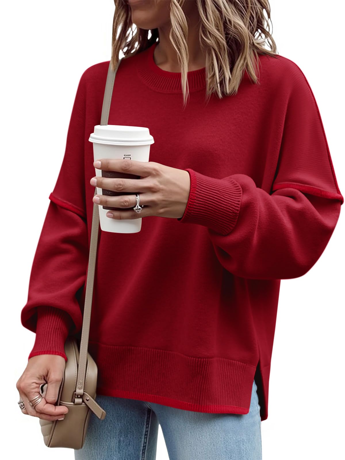 Saodimallsu Womens Fall Crew Neck Sweater Long Sleeve Color Block Sweaters Loose Casual Knit Pullover Tops