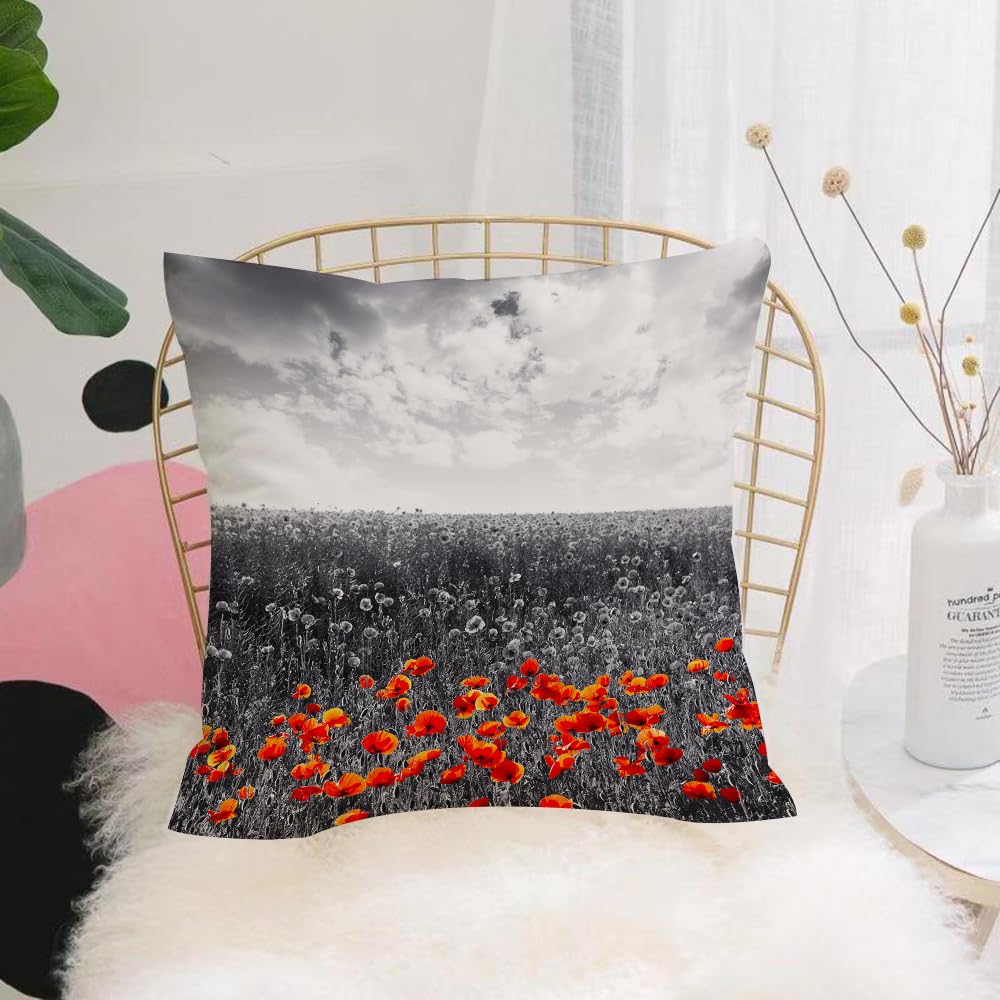 Hyosxw Poppy,Flower Field Pattern With Greyscale Ba - A10 Cushion Cover,Throw Pillow Case Home Decorative For Living Room Bedroom Sofa Chair 18X18 Inch,Poppy,Flower Field Pattern With Greyscale Background Remembrance Day Theme Nost,Pillowcase 45X45cm