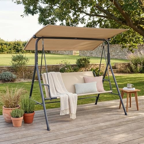 [en.casa] Balancín de Jardín Satten para 3 Personas Columpio para Exterior de 3 Plazas con Toldo Terraza Balcón Patio Resistente al UV y Agua 173 x 119 x 153 cm Acero   Verde Claro/Beige
