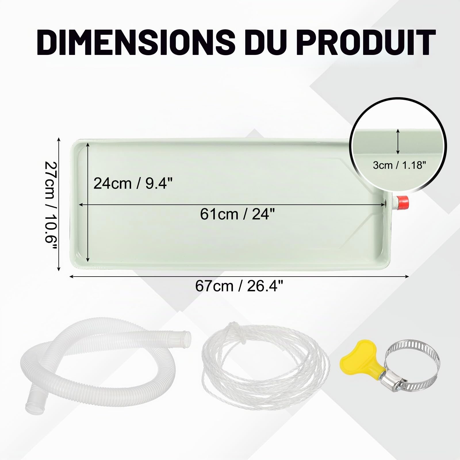PATIKIL Bac De Recuperation De Condensation Pour Climatiseur, 24 x 9.4 Pouce (61 x 24 cm) Bac De Drainage Universel Portable En Metal Galvanise Avec Trou De Vidange & Tuyau