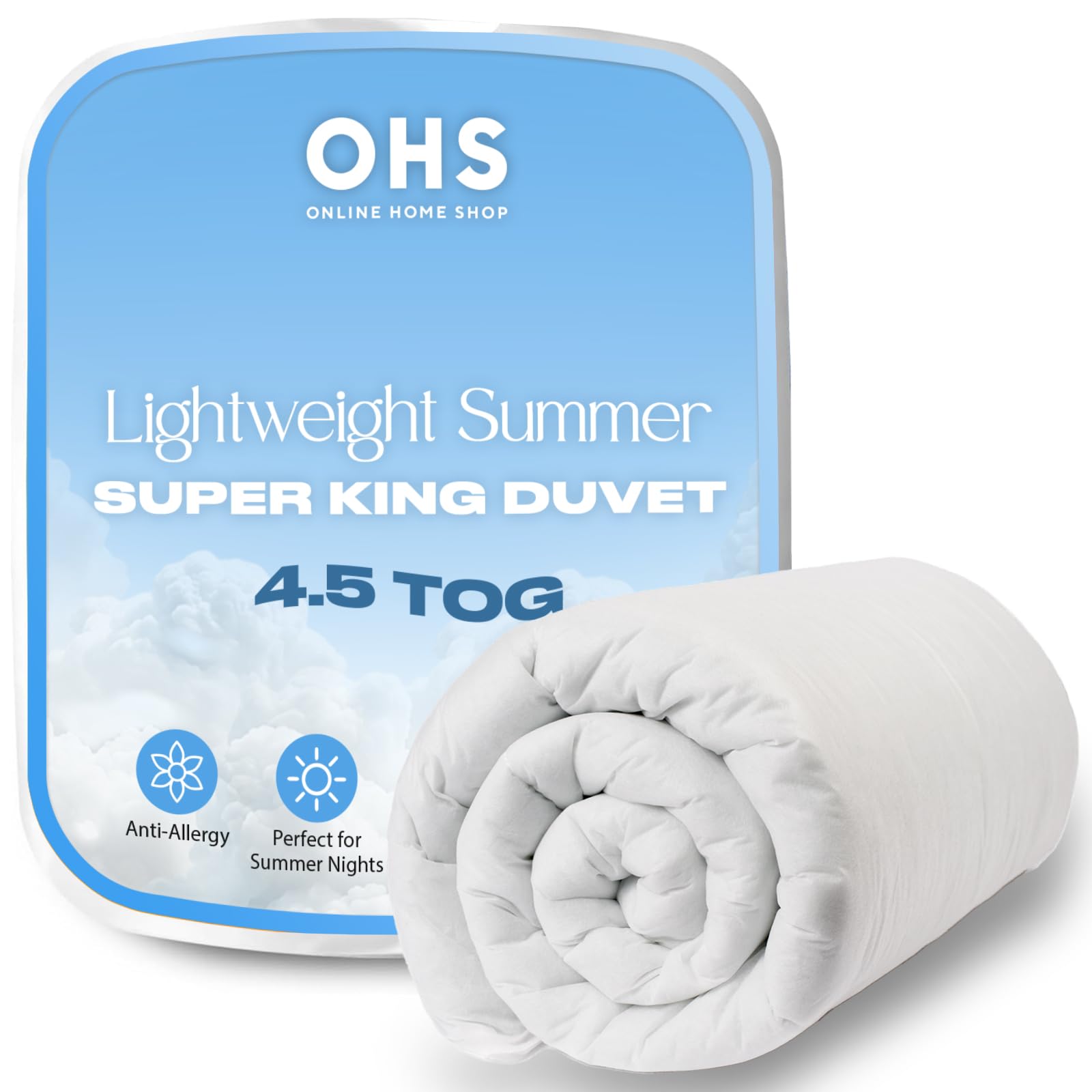 Brentfords 4.5 Tog Super King Size Duvet, Lightweight Summer Quilt Super King Size Anti Allergy Home Soft Comfort Bedding Hotel Quality Quilts Breathable Cool Duvet, White