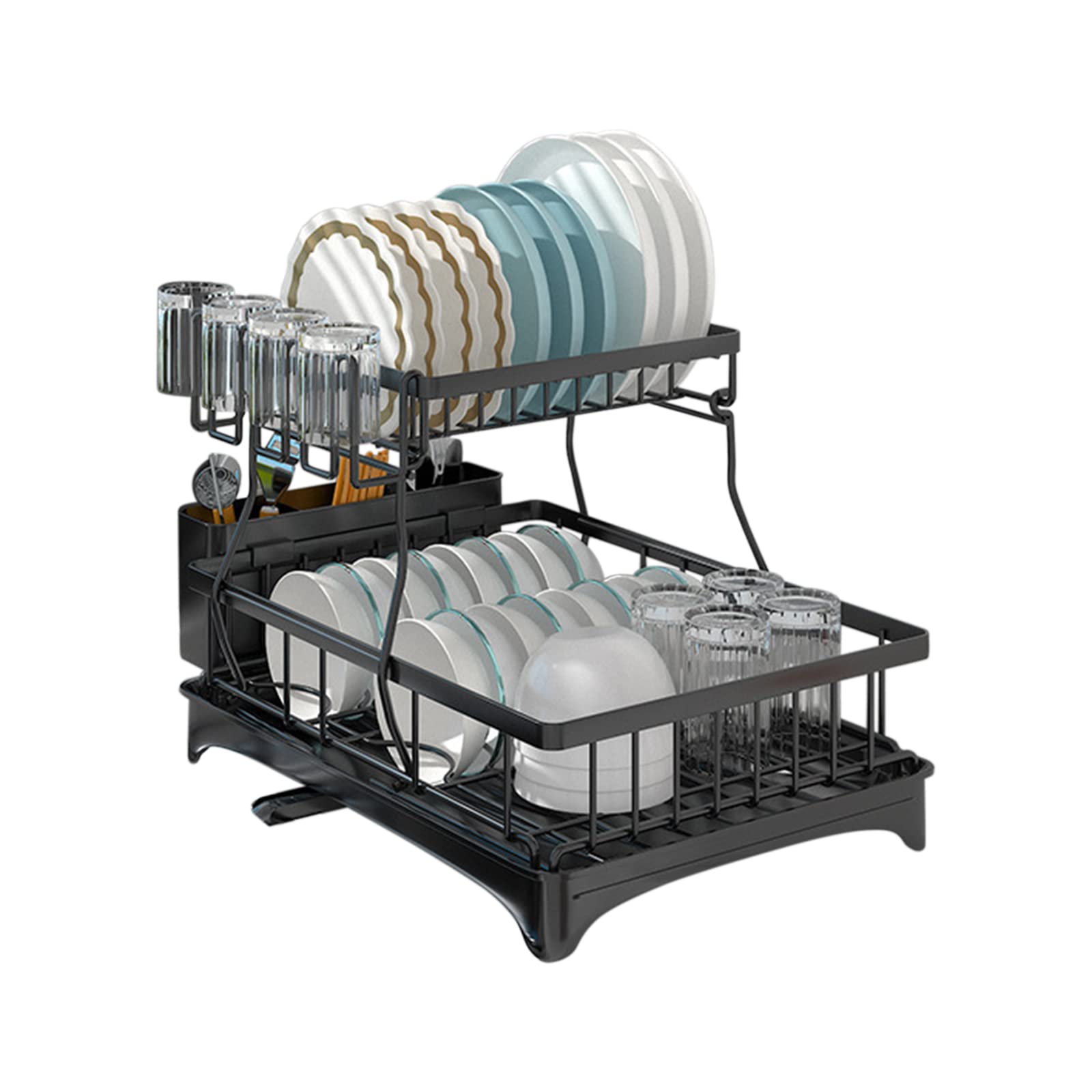 Rejilla para Secar Platos Rejilla para Platos Expandible de 2 Niveles Colador de Platos Multifuncional con Soporte para Cubiertos Extraíble para Encimera de Cocina de Gran Familia