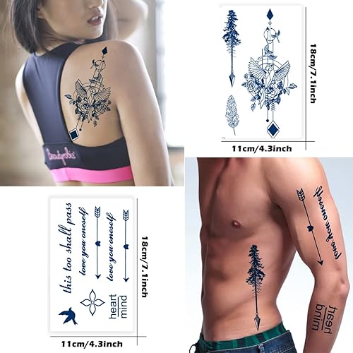 Miniatura 3 de Arrow - Tatuaje semipermanente, 6 hojas de larga duración de 1 a 2 semanas, tatuajes temporales, plumas de flecha, letras inglesas y pájaros,