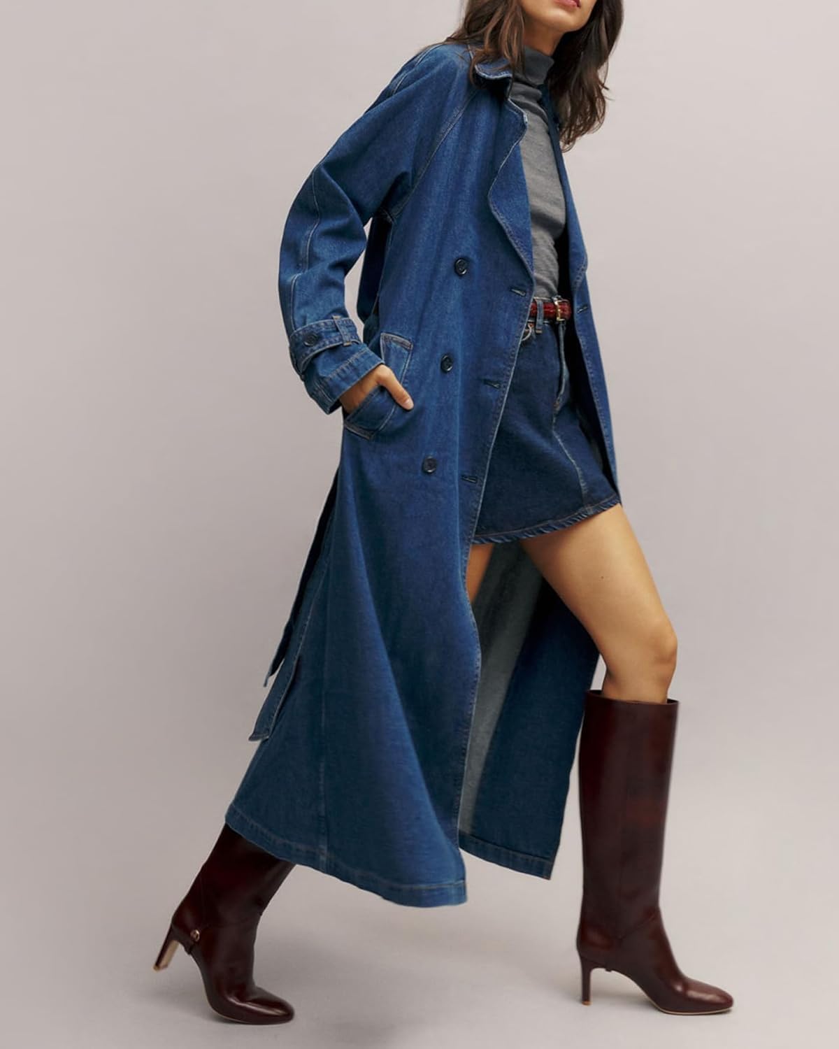 Women's Denim Trench Coat Double Breasted Jean Midi Overcoat Classic Lapel Long Jackets With Belt 2026 Spring Fashion - Image 6