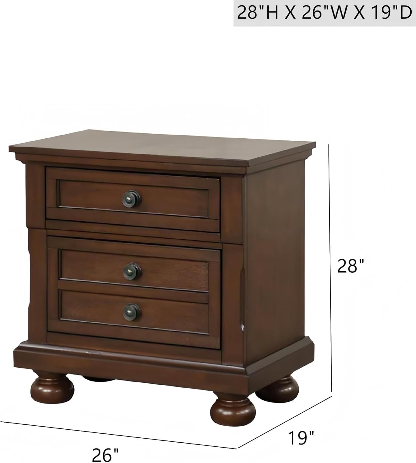 Nightstand Dark Cherry Wood, Fully Assembled Bedside Table with Felt-Lined Top Drawer, Dovetail Joints and Ball Bearing Full-Extension Drawers, 28" H x 26" L x 19" W
