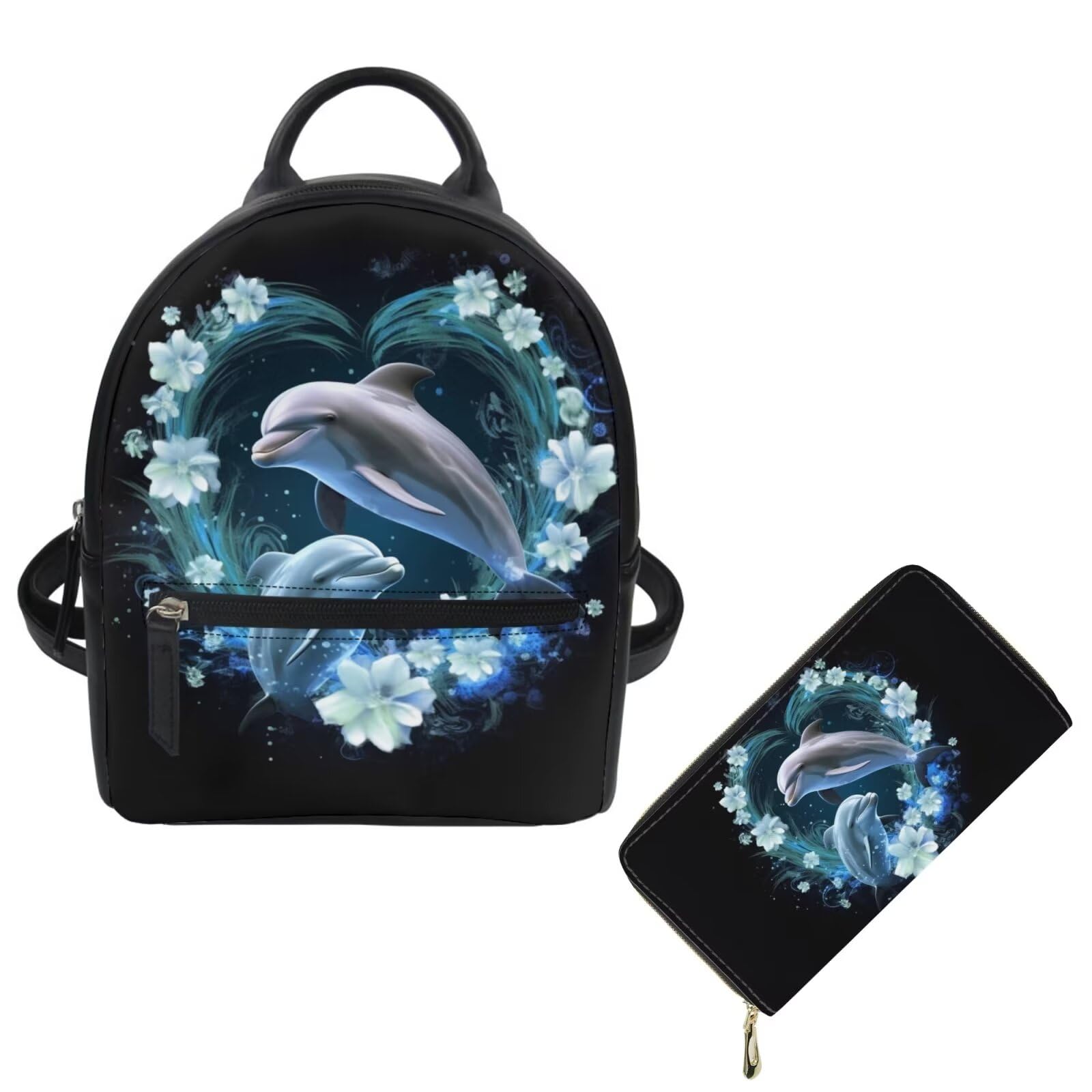 Showudesigns Dolphin Flower Mini Backpacks for Women Leather Purse Backpack Small Back Zipper Teenager Shoulder Bag Women Backpack Purse and Wallet