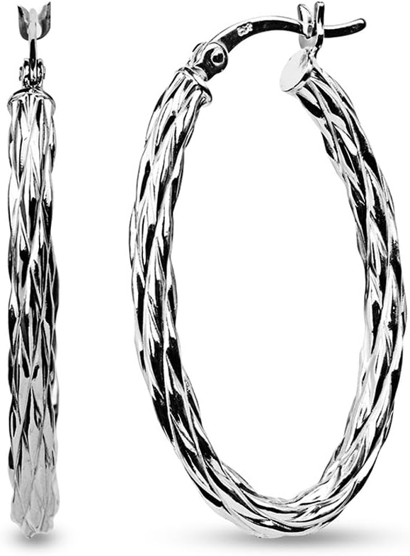 LeCalla 925 Sterling Silver Hoop Earrings for Women | Diamond-Cut Hoop Earrings | Oval & Round Shape Twisted Texture Earring Hoops - Image 3